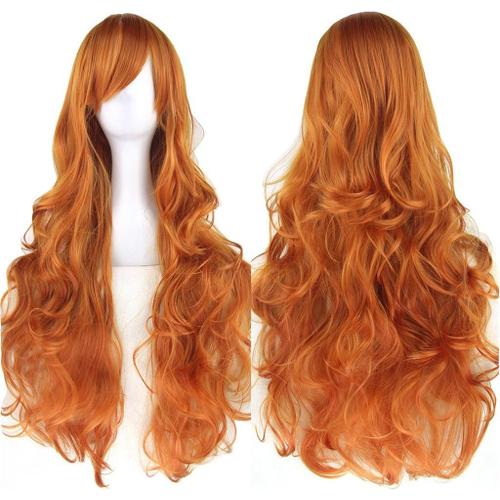 Orange 31.5/80cm Longue Perruque Cosplay Anime Femme Cheveux Longs Bouclés Ondulées Vague Perruque Synthétique Quotidienne Parti