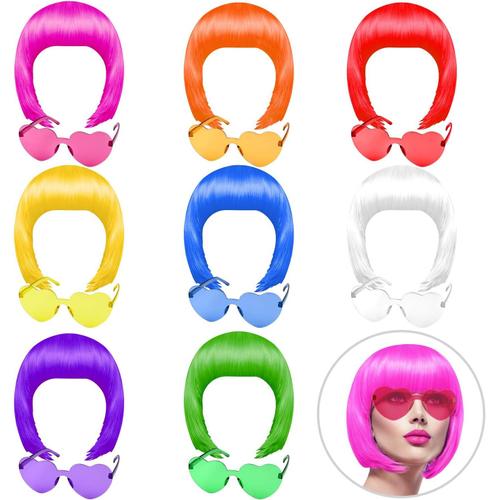 8colors Partei Perücken Und Sonnenbrillen Set, Neon Kurze Pack Kostüm Bunte Cosplay Sonnenbrille Bob Perücke Perücke T Glich