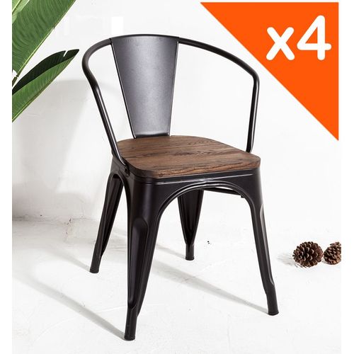 Kosmi Lot De 4 Chaises En Métal Noir Et Bois Style Industriel Factory En Métal Noir Mat, Assise En Bois Et Accoudoirs