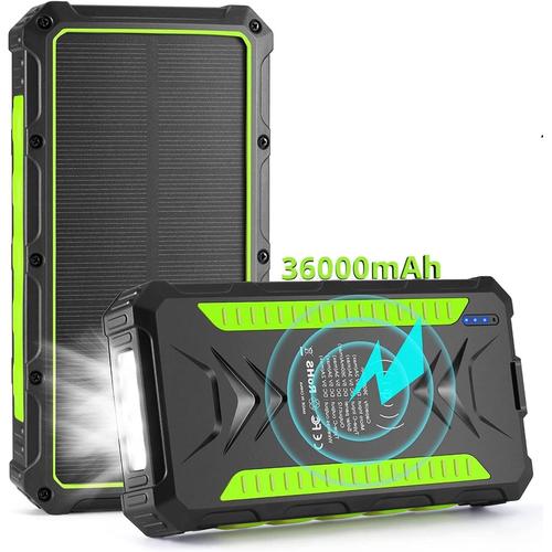 Vert Batterie Externe Solaire 36000mah Sans Fil Avec Sorties Usb/Type C, Charge Rapide 3 A Et Lampe Led, Panneau Solaire Portable