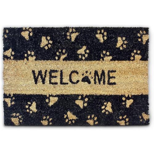 Noir Paillasson Fibres De Coco Imprimé Welcome Et Pattes De Chat 60 X 40 Cm Tapis De Sol Porte Entrée Dessous Antidérapant