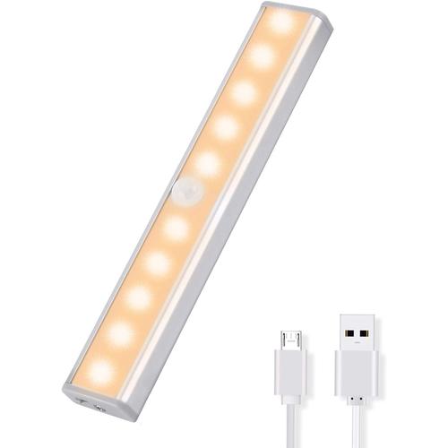 Blanc Lampe D¿Armoire, Détecteur De Movement Lampe De Placard 10 Led Veilleuse 2 Bandes Magnétiques Sans Fil Usb Rechargeable Pour