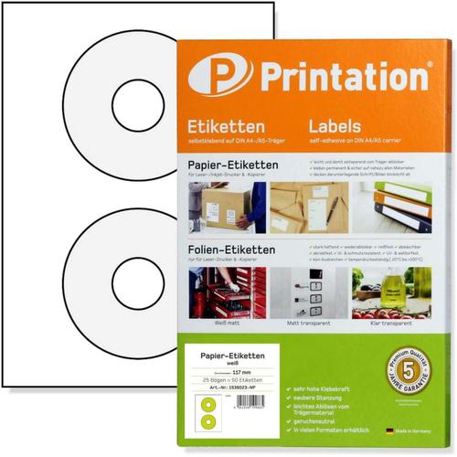 Blanches Etiquettes CD DVD autocollantes blanches rondes opaques imprimables - 50 autocollants sur 25 feuilles de papier DIN A4 -