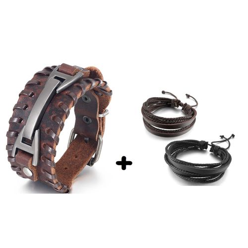 Bracelet Manchette Cuir Marron Et Métal Acier Cuivré Argent + 2 Bracelets Cuir Multi-Brins Noir Et Marron Offert ! - Bijoux Homme Vintage Rock - Ajustable