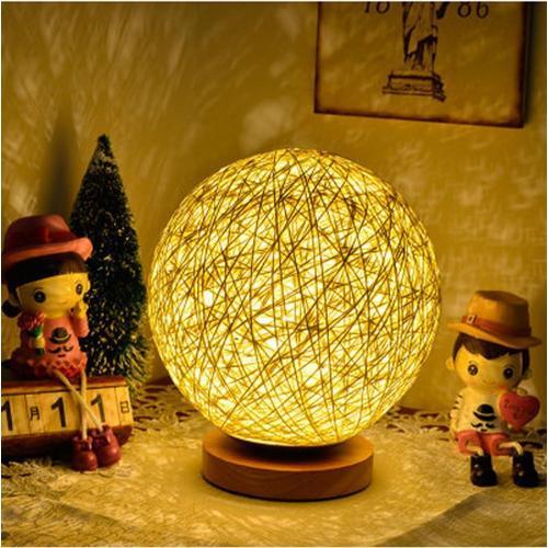 Lin Rattan Ball Lampe,Sommeil Romantique,Lumière Chaude,Veilleuse Simple Moderne Personnalité Créatif Enfants Lampe De Chevet Led