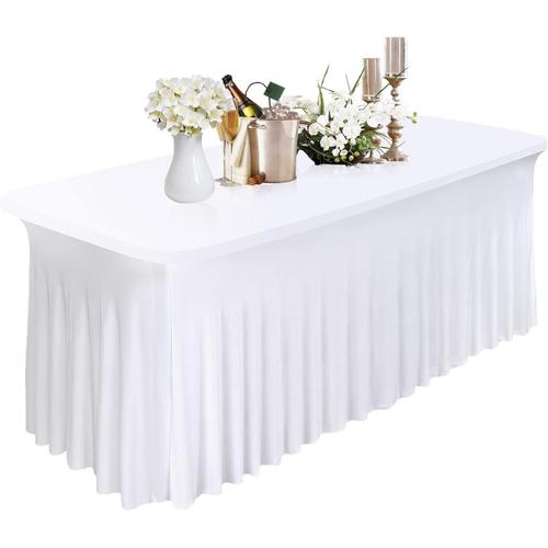 Blanc Nappe Rectangulaire Style Jupe En Spandex, Housse De Table Élastique Extensible Pour Mariage, Banquet, Gateau Et Buffet