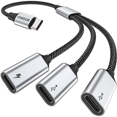 Argent Adaptateur Usb C Male Vers Usb C Femelle Avec Charge De 60 W, Male Vers 3 Usb-C, Adaptateur De Port Pour Mac Xbox One Series