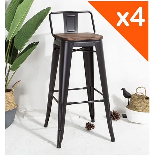 Kosmi - Lot De 4 Tabourets Avec Dossier Métal Noir Mat Et Assise Bois Hauteur 66cm Modèle Factory