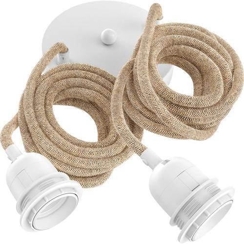 2 Ampoules Ficelle Et Blanc - Cable Suspension Luminaire Corde Et Blanc - Fil Electrique En Tissu 2,5m - 2 X Ampoules Douille E27 -