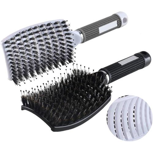 Noire,Blanc 2pcs Brosse À Poil De Sanglier Anti-Statique Brosse À Poils Améliorer La Santé Des Cheveux, Brosse-Araignée Noir Et