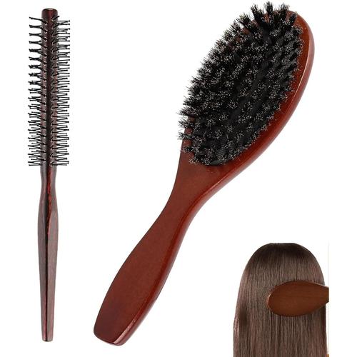 Bronze Brosse En Poil De Sanglier Avec Brosse Ronde, Brosse Cheveux Poils De Sanglier Brosse À Barbe Homme Brosse Sleek Bun Avec