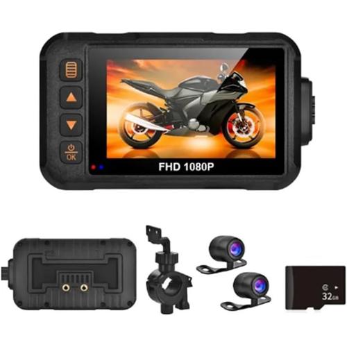 Noir Ensemble de Caméra Moto étanche 1080P, DVR Dashcam pour Moto, Caméra Arrière 3.0 Pouces, Enregistreur Vidéo pour Moto