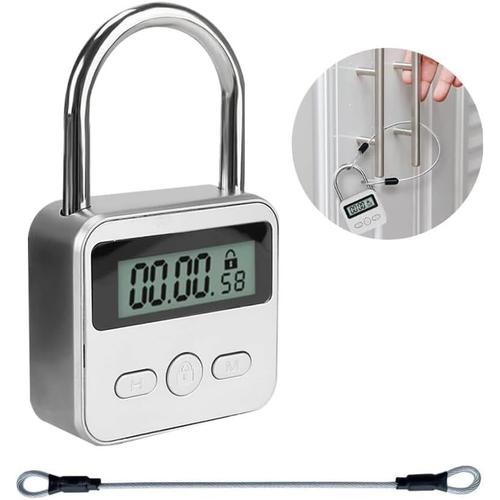 Argent Serrure Horaire Numérique, Cadenas Horaire avec Cable Métallique et écran LCD, Affichage de Lock USB Rechargeable, Métal