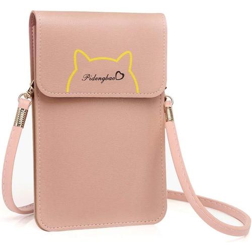 Rose Petit Sac Bandouliere, sac de téléphone portable en cuir PU mignon avec écran tactile clair fenêtre Crossbody sac à main pour