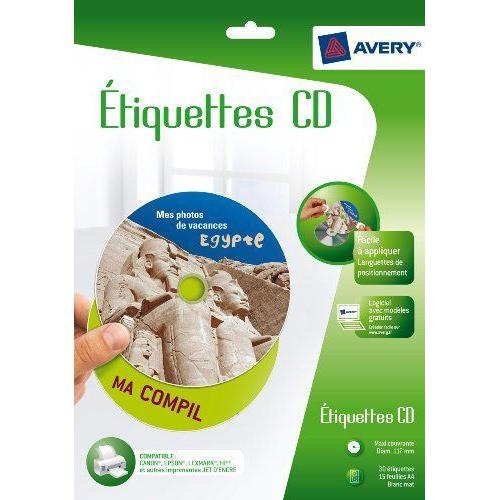 Avery - J8676-12 - 30 Étiquettes Adhésives Blanches Pour Cd. Maxi Couvrantes. Impression Jet D'encre