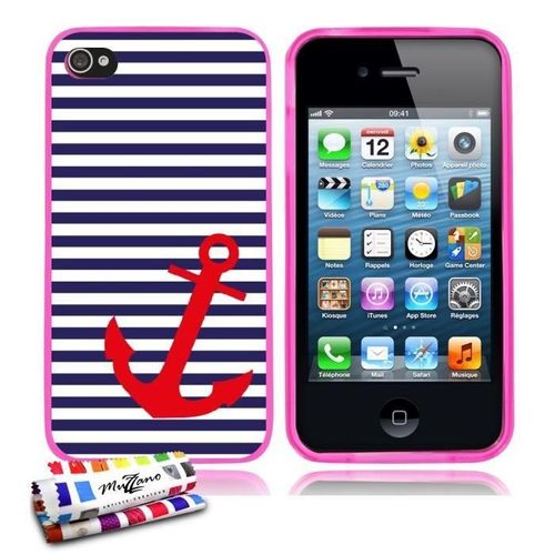 Coque Iphone 4 4s Mariniere Bleue Et Ancre Silicone Rose Souple (Tpu)