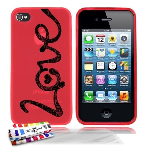 Coque Iphone 4 4s Love Silicone Rouge Souple (Tpu) + 3 Films