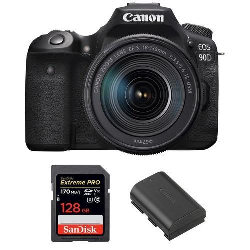 Canon EOS 90D + 18-135mm f/3.5-5.6 IS USM + SanDisk 128GB Extreme PRO UHS-I SDXC 170 MB/s + Canon LP-E6N | Garantie 2 ans