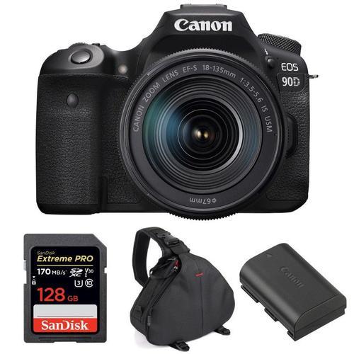 Canon EOS 90D + 18-135mm IS USM + SanDisk 128GB Extreme PRO UHS-I SDXC 170 MB/s + Canon LP-E6N + Sac | Garantie 2 ans