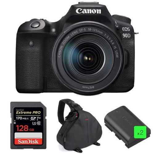 Canon EOS 90D + 18-135mm IS USM + SanDisk 128GB Extreme PRO UHS-I SDXC 170 MB/s + 2 Canon LP-E6N + Sac | Garantie 2 ans