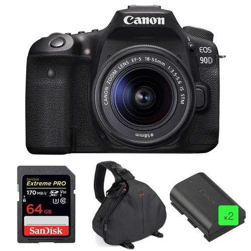 Canon EOS 90D + 18-55mm IS STM + SanDisk 64GB Extreme PRO UHS-I SDXC 170 MB/s + 2 Canon LP-E6N + Sac | Garantie 2 ans