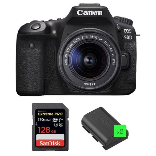 Canon EOS 90D + 18-55mm IS STM + SanDisk 128GB Extreme PRO UHS-I SDXC 170 MB/s + 2 Canon LP-E6N | Garantie 2 ans