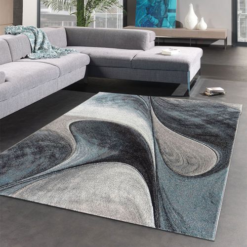 Tapis Salon Ø100cm Tissé Bleu Et Gris Rond Motif Géométrique Lyn8 Madila