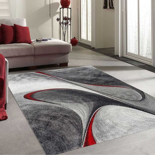 Tapis Salle À Manger 280x380 Tissé Rouge Et Gris Rectangle Motif Géométrique