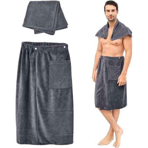 Homme Serviette De Sauna, Gris Kit Serviette De Douche Et Serviette, Grande Serviette De Bain Élastique À Séchage Rapide, Jupe De Sauna Absorbant Peignoirs Avec Pochette Smartphone, 70 X 140 Cm