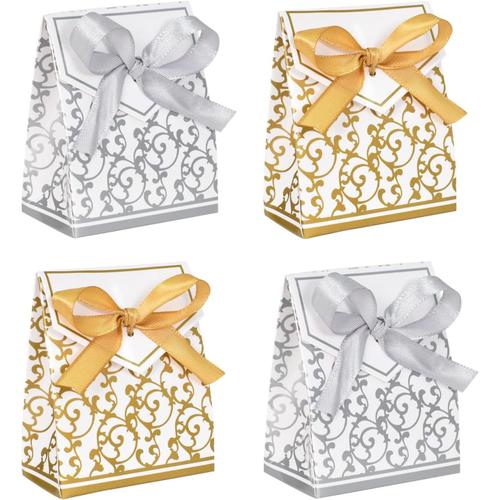 Boite a Dragee Mariage, 50Pcs Argent et 50Pcs or Boîte Cadeau de Bonbons en Papier, Boîtes à Bonbons en Forme avec Ruban pour Mariage Anniversaire Bébé Douche Saint Communion Noël