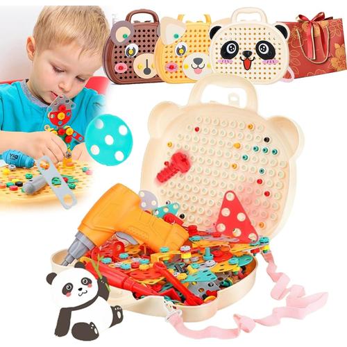 Magic Montessori Play Toolbox, Magic Montessori Play Toolbox Bear With Drill, 2024 Newest Creativity Tool Box With Drill, Mosaic Puzzle Toy Drill Screw Tool Set For Kids Ages 3-12 Years Old (Panda)