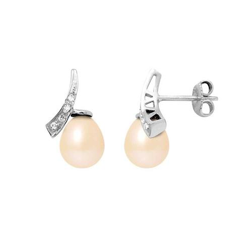 Boucles D'oreilles Femme Perles De Culture Roses, Diamants 0.08 Cts Et Or Blanc 750/1000 - Joaillerie Bps K628 W - Ob Unique