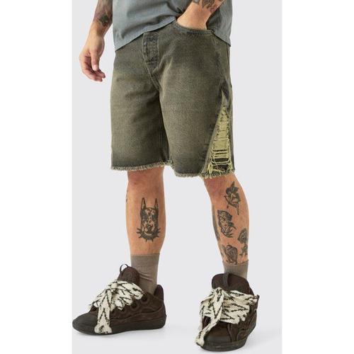 Relaxed Rigid Extreme Side Ripped Denim Short In Antique Grey Homme - Gris - 32, Gris