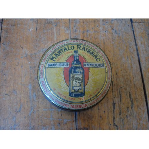 Ancienne Boite Tole Confiserie Talencia,Liqueur Menthe Blanche Mantalo Raissac,Ca 1920