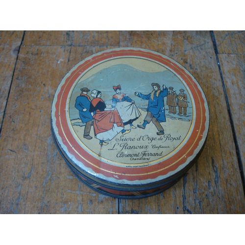 Ancienne Boite Tole Sucre D'orge De Royat,L Ranoux Confiseur,Decor Danseurs Auvergnats,Ca 1930