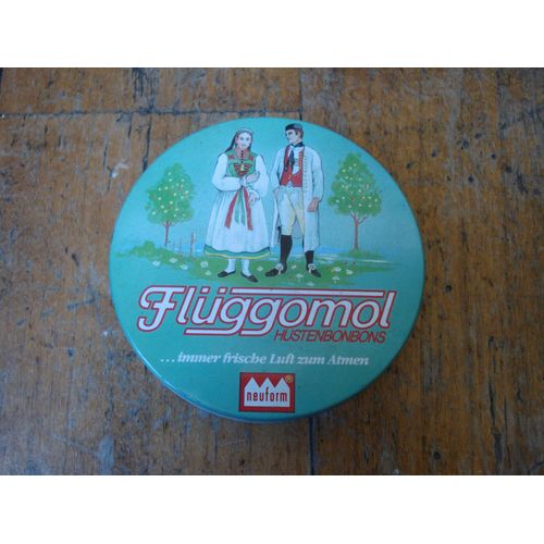 Ancienne Boite Tole Pastilles Fluggomol,Hustenbonbons,Neuform,Jungen Paares À Betzinger,Vintage