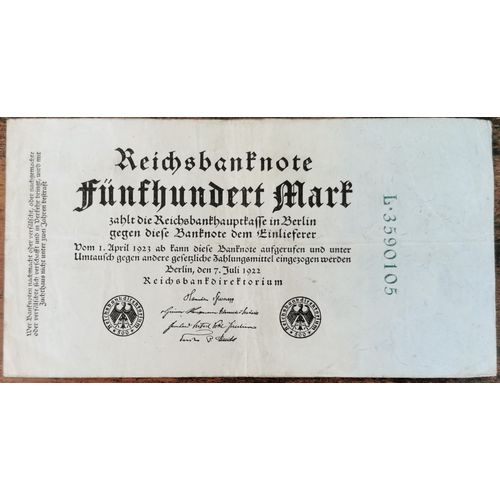 Billet Allemagne 500 Mark 7 - 7 - 1922 / 500 Mark / Reichsbanknote