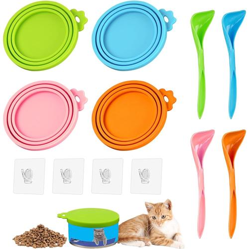 Miyuandkj Lot De 4 Couvercles De Boîtes De Conserve Universels En Silicone Pour Chat 3 En 1, Sans Bpa, Pour Stockage De Nourriture Pour Animaux De Compagnie Avec 4 Cuillères Et 4 Crochets En Corne (4