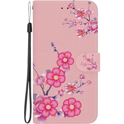 Tfnn Coque Flip Pour Iphone 14 Pro,Mignon Coloré Peint Rose Fleur Portefeuille Pu Cuir Fonction Stand Et Fentes De Carte Landyard Housse Etui