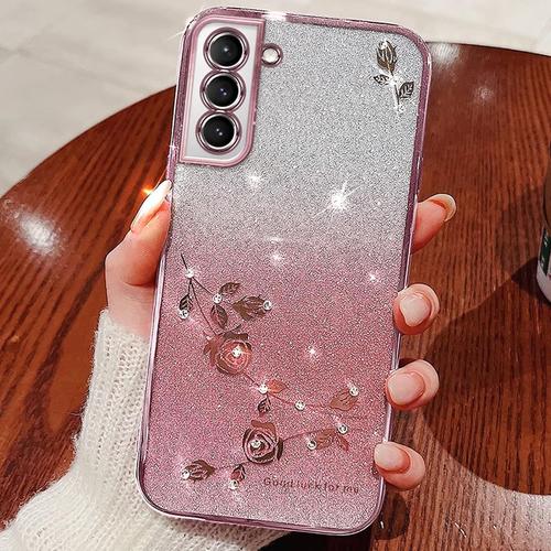 Tfnn Bling Fleur Coque Pour Samsung Galaxy S22 Plus,Élégant Très Mince Brillant Gradient Doux Diamant Placage Cadre Paillette Strass Silicone Housse Étui De Protection