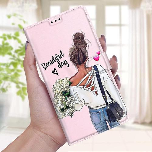 Nadoli Portefeuille Coque Pour Iphone 14,Coloré Peint [Fille Fleur] Magnétique Pu Cuir Anti-Rayures Tpu Fentes Pour Cartes Protection Housse Etui