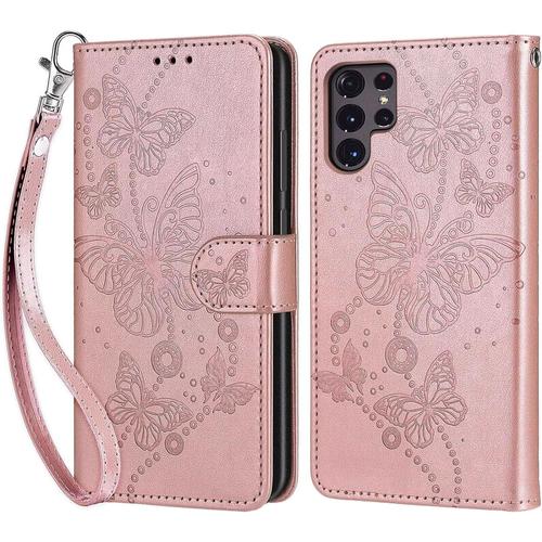 Tfnn Flip Coque Pour Samsung Galaxy S23 Ultra,Housse En Pu Cuir Stand Support Porte Cartes De Crédit Fermeture Magnétique Etui Portefeuille Fleur Papillon Étui