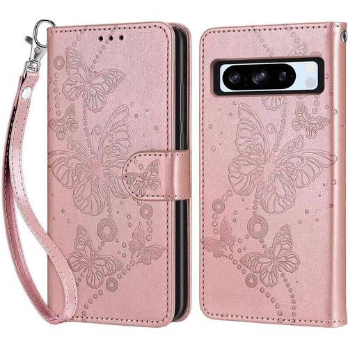 Tfnn Flip Coque Pour Google Pixel 8 Pro,Housse En Pu Cuir Stand Support Porte Cartes De Crédit Fermeture Magnétique Etui Portefeuille Fleur Papillon Étui