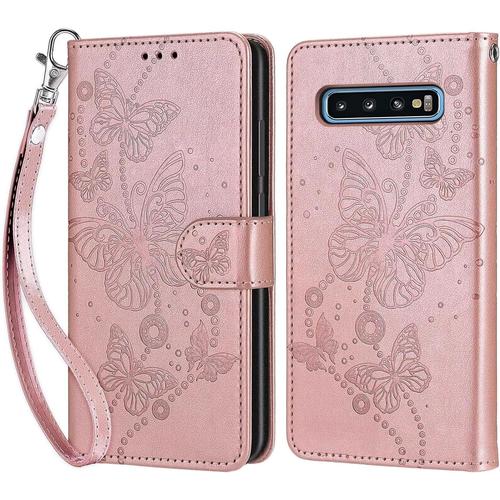 Tfnn Flip Coque Pour Samsung Galaxy S10 Plus,Housse En Pu Cuir Stand Support Porte Cartes De Crédit Fermeture Magnétique Etui Portefeuille Fleur Papillon Étui