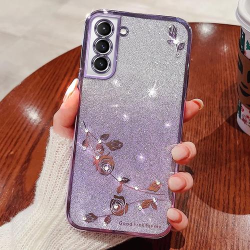 Tfnn Bling Fleur Coque Pour Samsung Galaxy S22 Plus,Élégant Très Mince Brillant Gradient Doux Diamant Placage Cadre Paillette Strass Silicone Housse Étui De Protection