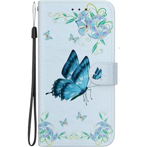 Tfnn Coque Flip Pour Iphone 14 Pro,Mignon Coloré Peint Bleu Papillon Fleur Portefeuille Pu Cuir Fonction Stand Et Fentes De Carte Landyard Housse Etui