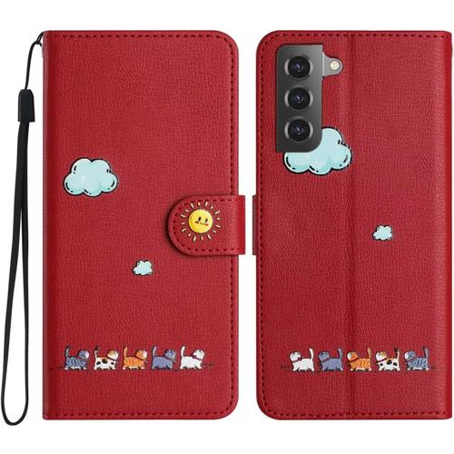 Tfnn Mignon Chat Nuage Coque Pour Samsung Galaxy S21 Fe,Housse Etui Cuir Pu Portefeuille Dessins Animés Ave Fonction Support Magnétique Béquille Porte Cartes Case