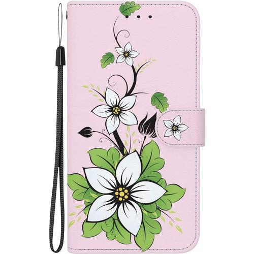 Tfnn Coque Flip Pour Iphone 12 Pro Max,Mignon Coloré Peint Blanc Fleur Portefeuille Pu Cuir Fonction Stand Et Fentes De Carte Landyard Housse Etui