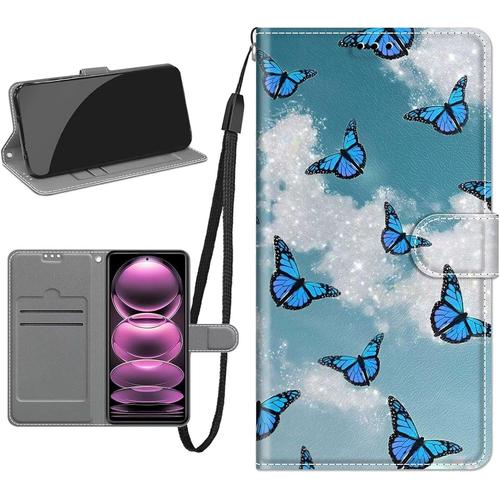 Tfnn Coque Wallet Pour Samsung Galaxy S23 Ultra,Coloré Peint Bleu Papillon Portefeuille Pu Cuir Fonction Stand Et Fentes De Carte Coque Housse Etui