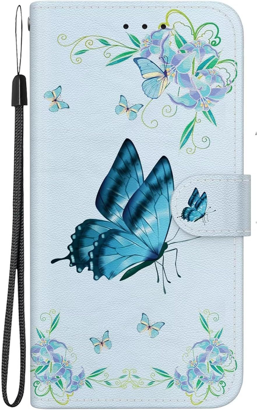 Tfnn Coque Flip Pour Honor Magic 5 Lite 5g,Mignon Coloré Peint Bleu Papillon Fleur Portefeuille Pu Cuir Fonction Stand Et Fentes De Carte Landyard Housse Etui